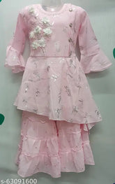 Georgette A-line ethnic girls kurta with palazzos, Zari woven, 3/4 sleeves. Size options: 2-3yrs, 3-4yrs, 7-8yrs, 8-9yrs. Made in India